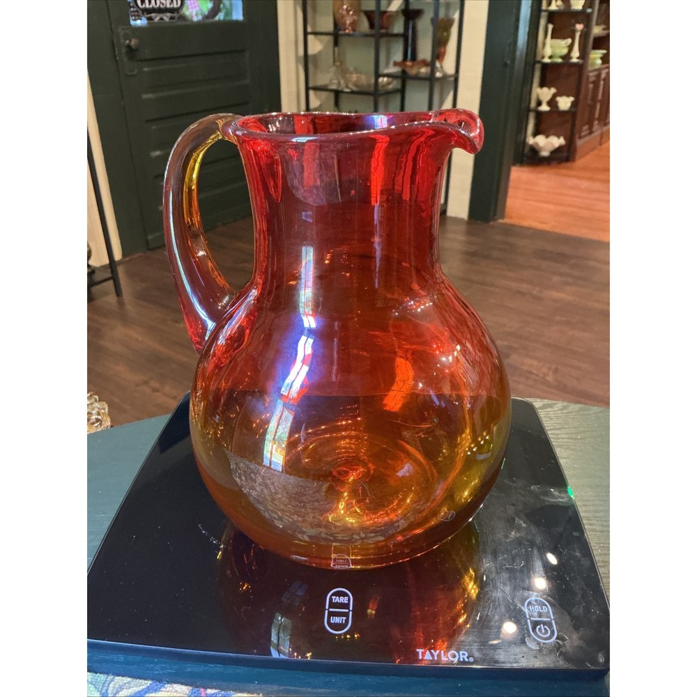 Vintage MCM Blenko Hand Blown Amberina 8.75" x 7"  Glass Pitcher Ombré Retro